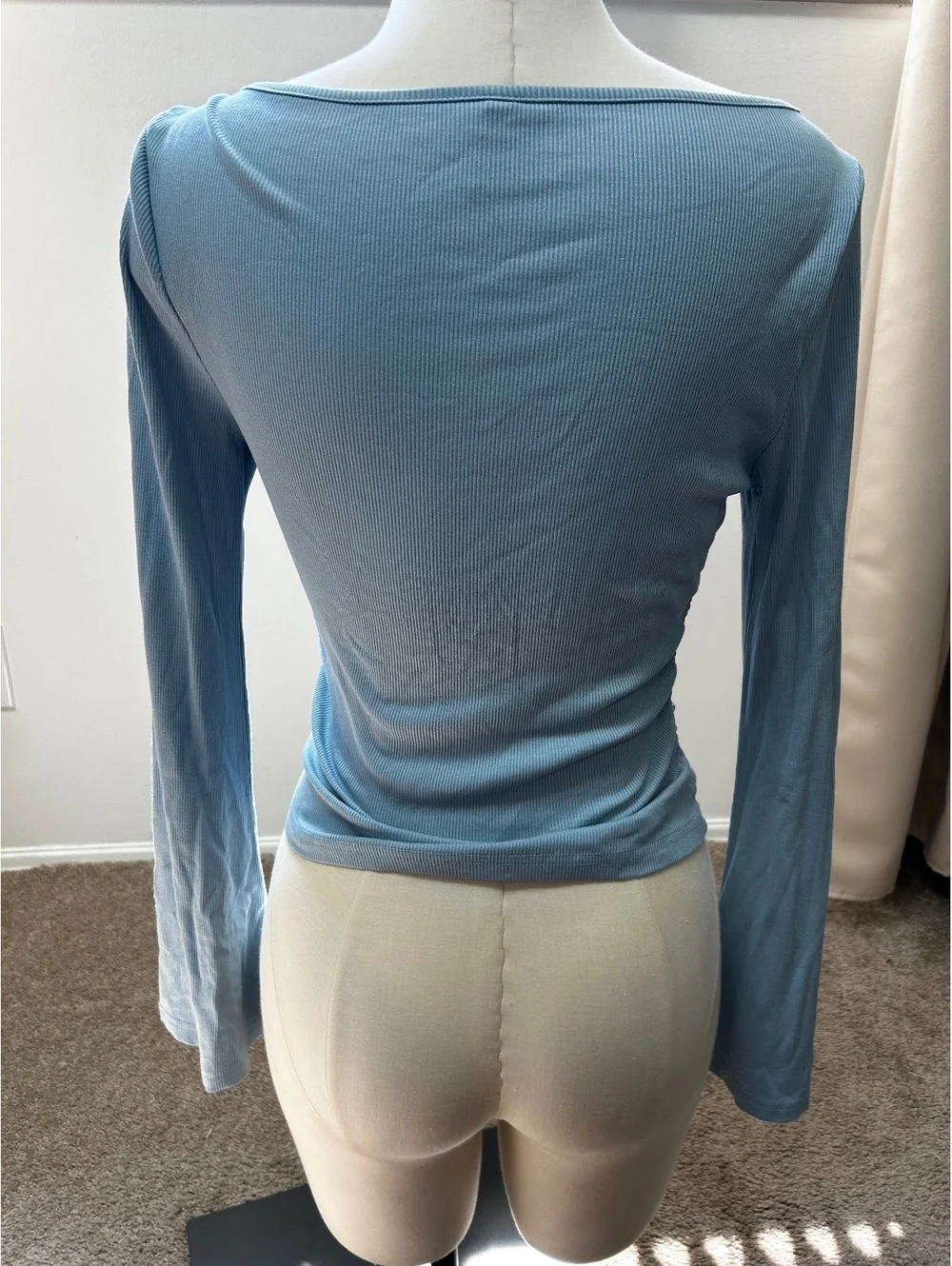 PrettyGarden Women's Medium Blue Ribbed Long Sleeve Boat Neck Top